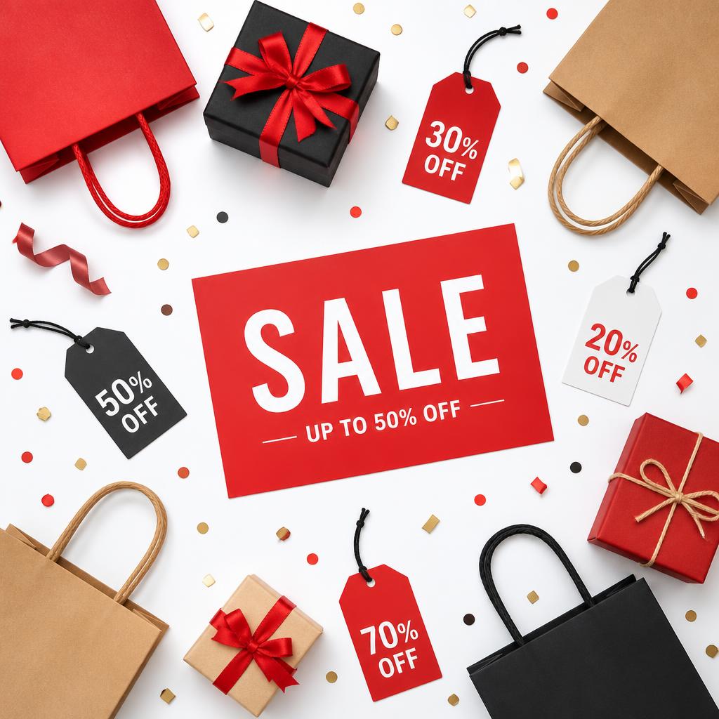 A clean flat lay of shopping bags, discount tags, and gift boxes arranged on a bright surface with a red sale sign and scattered confetti